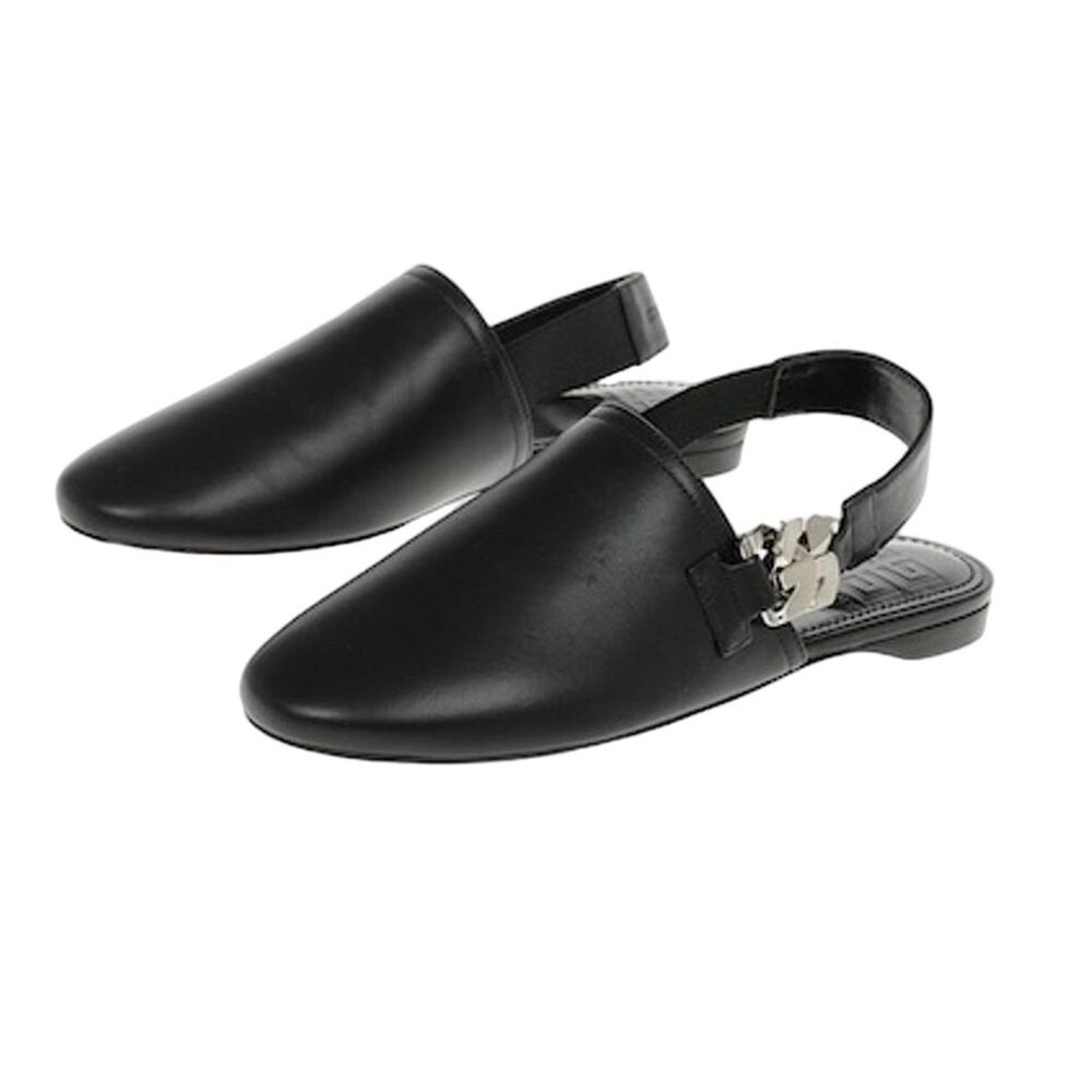 Givenchy Women's Black Leather Slingback Mules Size 7 Casual G Chain Silver